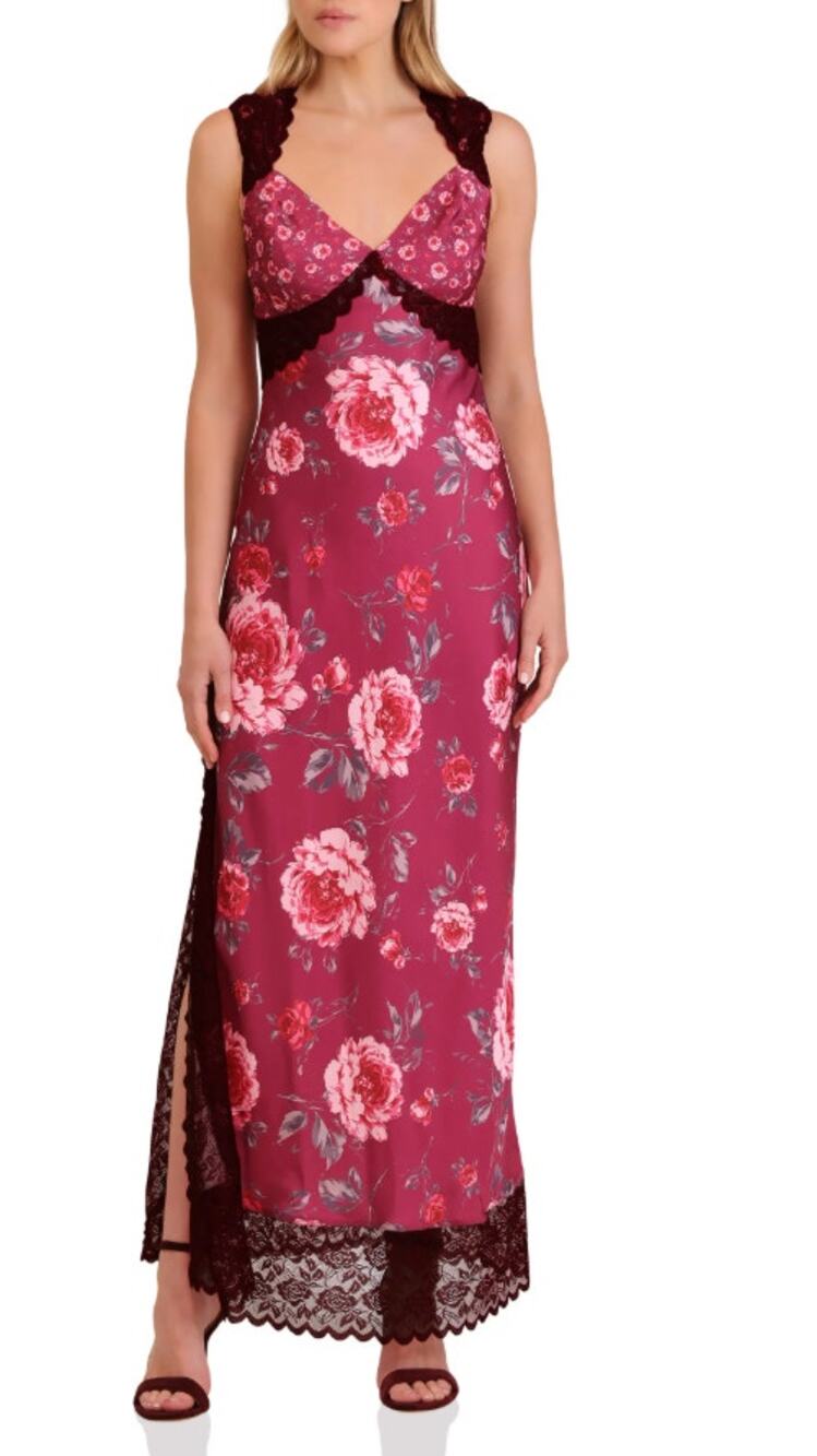 Avec Les Filles Pink Peony Floral Lace Bias Cut Satin Maxi Dress Size: 10